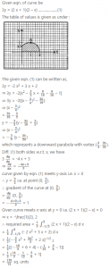 Que-14: Make a rough sketch of the curve 3 y = (2 x + 1)(2 – x), and calculate its gradient at the point where it meets the axis of y. Find the area bounded by the curve and the axis of x.