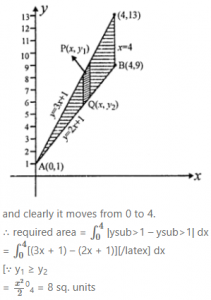 Que-7: Using integration, find the area of the region bounded by the triangle whose sides are y = 2x + l,y = 3x + l and x = 4.