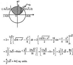 Que-9: Sketch the region common to the circle x2 + y2 = 16 and the parabola X2 = 6y. Also find the area of the region using integration.