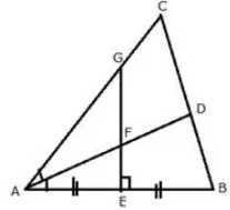 Que-11: The given figure shows a triangle ABC in which AD bisects angle BAC. EG is perpendicular bisector of side AB which intersects AD at point F. Prove that :