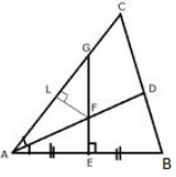 Que-11: The given figure shows a triangle ABC in which AD bisects angle BAC. EG is perpendicular bisector of side AB which intersects AD at point F. Prove that : (ii) F is equidistant from AB and AC.
