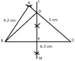 Que-4: Construct a triangle ABC, in which AB = 4.2 cm, BC = 6.3 cm and AC = 5 cm. Draw perpendicular bisector of BC which meets AC at point D. Prove that D is equidistant from B and C.