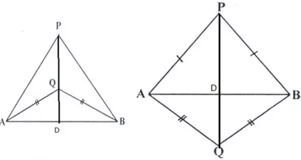 Que-5: In each of the given figures: PA = PH and QA = QB. (i) ............ (ii) .................... Prove, in each case, that PQ (produce, if required) is perpendicular bisector of AB. Hence, state the locus of points equidistant from two given fixed points.