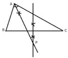 In the given triangle ABC, find a point P equidistant from AB and AC; and also equidistant from B and C.