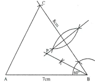 Que-18: Construct a triangle ABC, with AB = 7 cm, BC = 8 cm and ∠ ABC = 60°. Locate by construction the point P such that : (i) P is equidistant from B and C. (ii) P is equidistant from AB and BC. (iii) Measure and record the length of PB.