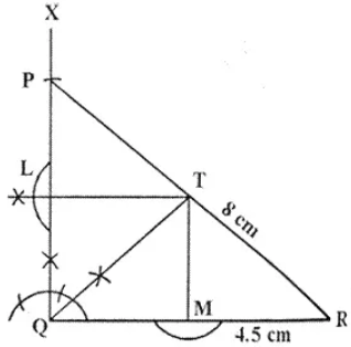 Que-6: Construct a right angled triangle PQR, in which ∠ Q = 90°, hypotenuse PR = 8 cm and QR = 4.5 cm. Draw bisector of angle PQR and let it meets PR at point T. Prove that T is equidistant from PQ and QR.