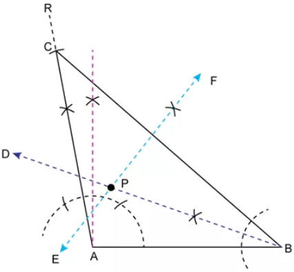 Construct a triangle ABC with AB = 5.5 cm, AC = 6 cm and ∠BAC = 105°. Hence : (i) Construct the locus of points equidistant from BA and BC. (ii) Construct the locus of points equidistant from B and C. (iii) Mark the point which satisfies the above two loci as P. Measure and write the length of PC.
