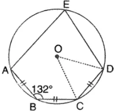 In the given figure. AB = BC = CD and ∠ABC = 132°, calculate: (i) ∠AEB, (ii) ∠ AED, (iii) ∠COD.