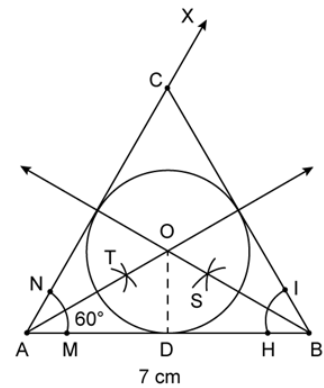 Que-25: Using a ruler and a compass, construct a triangle ABC in which AB = 7cm, ∠CAB = 60° and AC = 5cm. Construct the locus of : (i) points equidistant from AB and AC (ii) points equidistant from BA and BC. Hence construct a circle touching the three sides of the triangle internally