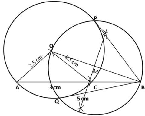 Que-24: Draw a line AB = 5 cm. Mark a point C on AB such that AC = 3 cm. Using a ruler and a compass only, construct: (i) A circle of radius 2.5 cm, passing through A and C. (ii) Construct two tangents to the circle from the external point B. Measure and record the length of the tangents.