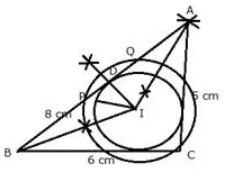 i) Using ruler and compasses only, construct a triangle ABC in which AB = 8 cm, BC = 6 cm and CA = 5 cm. ii) Find its incentre and mark it I. iii) With I as centre, draw a circle which will cut off 2 cm chords from each side of the triangle.
