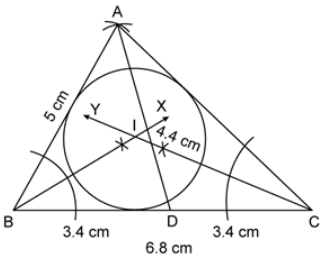 Que-26: Construct a triangle ABC in which AB = 5cm, BC = 6.8cm and median AD = 4.4cm. Draw incircle of this circle.