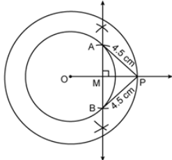 Que-27: Draw two concentric circles with radii 4cm and 6cm. Taking a point on the outer circle, construct a pair of tangents to inner circle. By measuring the lengths of both the tangents, show that they are equal to each other.