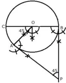 Draw a circle of radius 5 cm. Draw two tangents to this circle so that the angle between the tangents is 45º. 