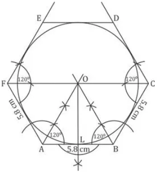 Draw an inscribing circle of a regular hexagon of side 5.8 cm. 