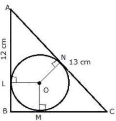 ABC is a right angled triangle with AB = 12 cm and AC = 13 cm. A circle, with centre O, has been inscribed inside the triangle. 