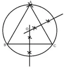 Using ruler and compasses only, draw an equilateral triangle of side 4.5 cm and draw its circumscribed circle. Measure the radius of the circle. 