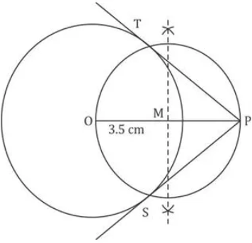 Draw a circle of radius 3.5 cm. Mark a point P outside the circle at a distance of 6 cm from the centre. Construct two tangents from P to the given circle. Measure and write down the length of one tangent. 