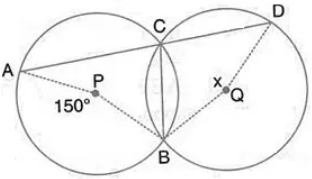 In the figure, P and Q are the centres of two circles intersecting at B and C. ACD is a straight line. Calculate the numerical value of x.