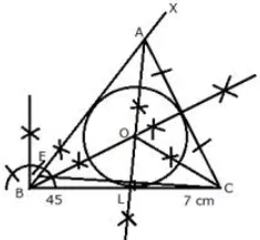 Using ruler and compasses only. (i) Construct triangle ABC, having given BC = 7 cm, AB – AC = 1 cm and ∠ABC = 45°. (ii) Inscribe a circle in the ∆ABC constructed in (i) above. Measure its radius.