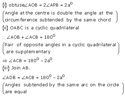 Que-33: The figure shows two circles which intersect at A and B. The centre of the smaller circle is O and lies on the circumference of the larger circle. Given that ∠APB = a°. Calculate, in terms of a°, the value of: (i) obtuse ∠AOB (ii) ∠ACB (iii) ∠ADB. Give reasons for your answers clearly.