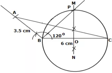 Que-20: Using a ruler and compasses only : (i) Construct a triangle ABC with the following data: AB = 3.5 cm, BC = 6 cm and ∠ABC = 120°. (ii) In the same diagram, draw a circle with BC as diameter. Find a point P on the circumference of the circle which is equidistant from AB and BC. (iii) Measure ∠BCP.
