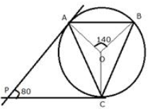 In the given figure, O is the centre of the circumcircle ABC. Tangents at A and C intersect at P. Given angle AOB = 140° and angle APC = 80°; find the angle BAC.