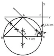 Using ruler and compasses only construct a triangle ABC in which BC = 4 cm, ∠ACB = 45° and perpendicular from A on BC is 2.5 cm. Draw a circle circumscribing the triangle ABC. 