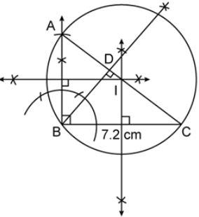 Que-28: In triangle ABC, ∠ABC = 90°, side = 6cm, side BC = 7.2cm and BD is perpendicular to side AC. Draw circumcircle of triangle BDC and then state the length of the radius of this circumcircle drawn.