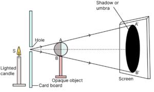 Draw a ray diagram to show the formation of shadow of an opaque object by a point source of light. How is the size of shadow affected if the screen is moved away from the object?
