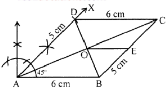 Que-14: Draw parallelogram ABCD with the following data: AB = 6 cm, AD = 5 cm and ∠DAB = 45°. Let AC and DB meet in O and let E be the mid-point of BC. Join OE. Prove that (i) OE || AB (ii) OE = 1/2 AB