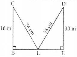 Que-26: A ladder 34 m long is placed in a lane so as to reach window 30 m high and on turning the ladder to the other side of the lane and keeping its foot at the same place, reaches a point 16 m high. What is the breadth of the lane? (a) 18 m (b) 40 m (c) 46 m (d) 50 m