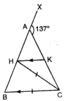 In the figure, AB = AC, CH = CB and HK is parallel to BC. If the exterior angle CAX is 137°, calculate the angle CHK.