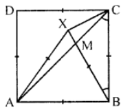Que-10: A square ABCD and an equilateral triangle AXB are on the same base AB and on the same side of it. What is the size of the angle CBX? Calculate the angle CXB. The lines AC and BX cut each other at M. Prove that CX is equal to CM.