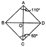 In the figure, ABCD is a kite whose diagonals intersect at 0. If ∠BAD =110° and ∠BCD = 50°, find (i) ∠OBC (ii) ∠ODA