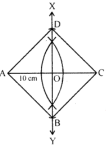 Que-13: Without using set square or protractor, contruct a rhombus in which the diagonals are of length 10 cm and 8 cm and measure one of its sides.